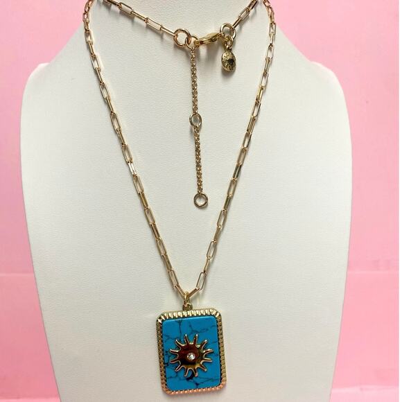 J Crew Turquoise and Gold Toned Sun Pendant 22” Necklace - Picture 1 of 4